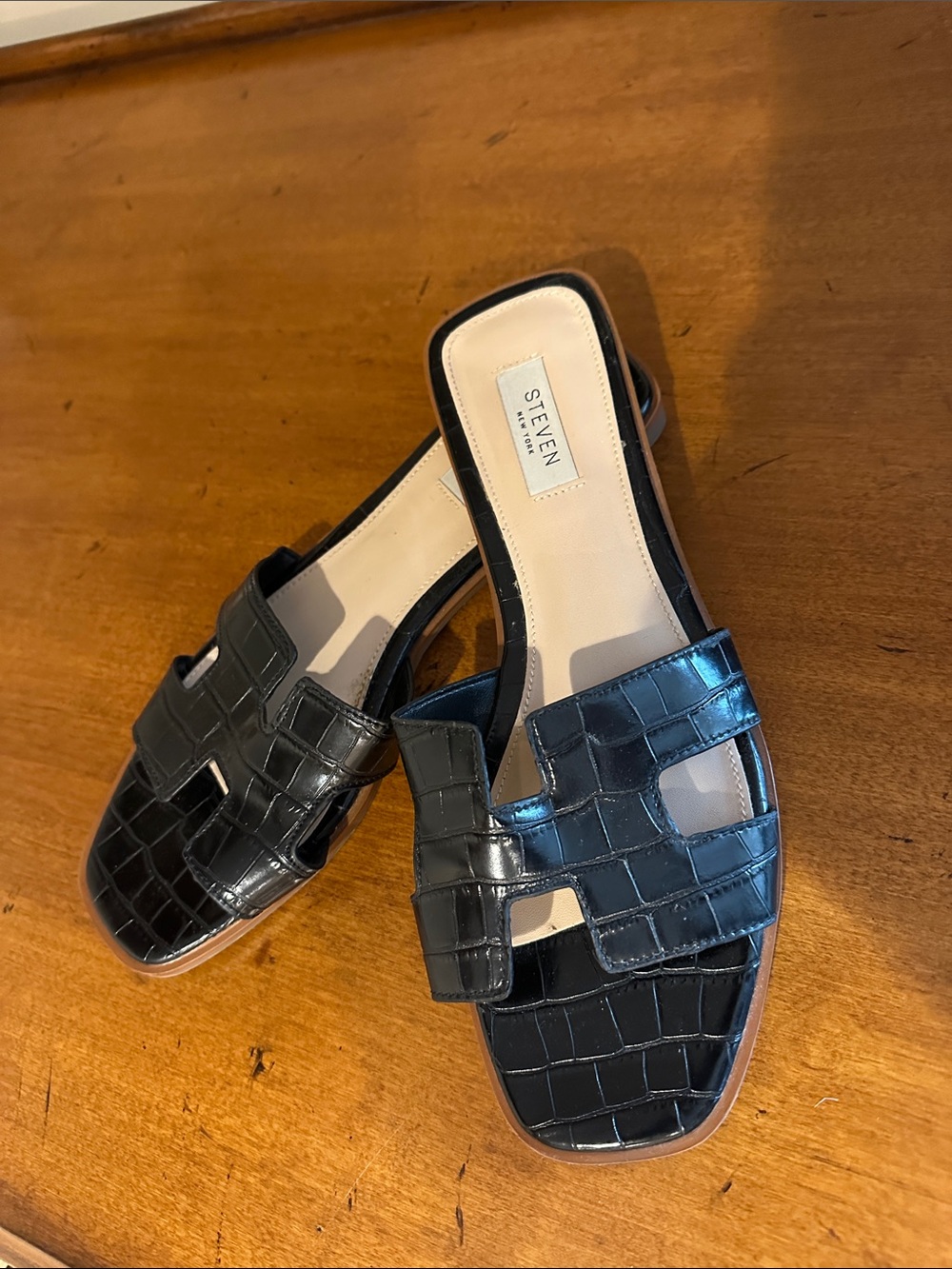 Steven By Steve Madden Black Croc-Embossed Slide Mules